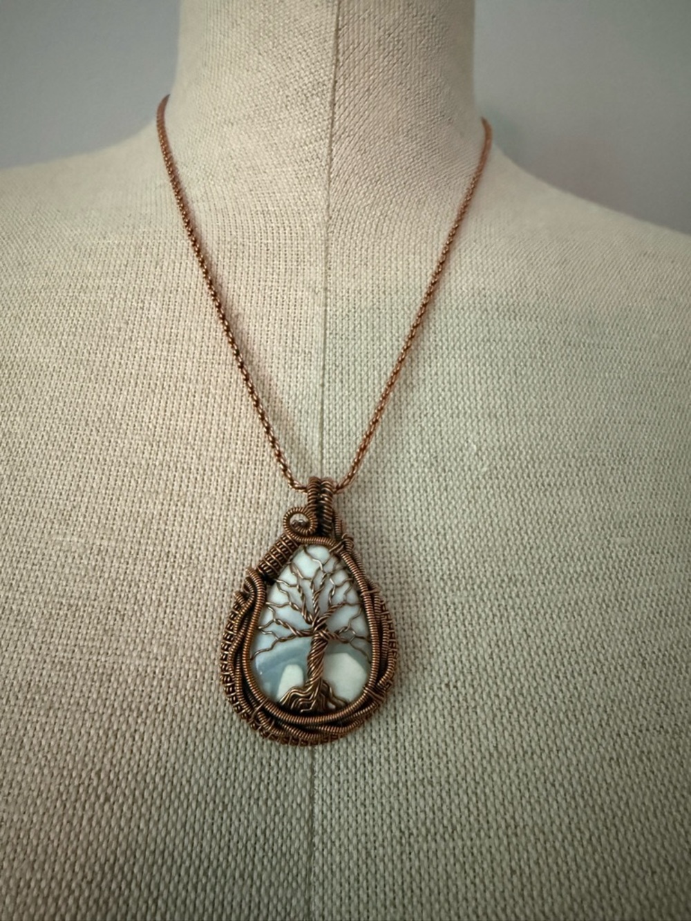 Copper Wire Tree of Life Pendant with White Stone